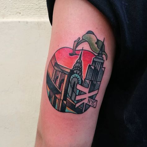 Tattoo uploaded by Tattoodo | Big apple tattoo by Carmen Caiazzo #CarmenCaiazzo #newyorktattoo #color #traditional #popart #graphicart #mashup #apple #newyorkcity #nyc #apple #bigapple #empirestatebuilding #ChryslerBuilding #architecture | 553211 | Tattoodo Traditional Tattoo Torch, Flash Traditional Tattoo, Tattoo New York, Tattoo Flash Traditional, Ny Tattoo, Traditional Tattoo Reference, New Traditional Tattoo, Building Tattoo, Traditional Tattoo Woman