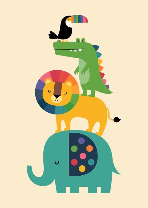 Illustration Character Design Animal, Animal Love Illustration, Baby Room Illustration, Animal Art Easy, Simple Animal Illustration, Rainbow Illustration Art, Kids Illustration Art, Safari Illustration, Rainbow Animals