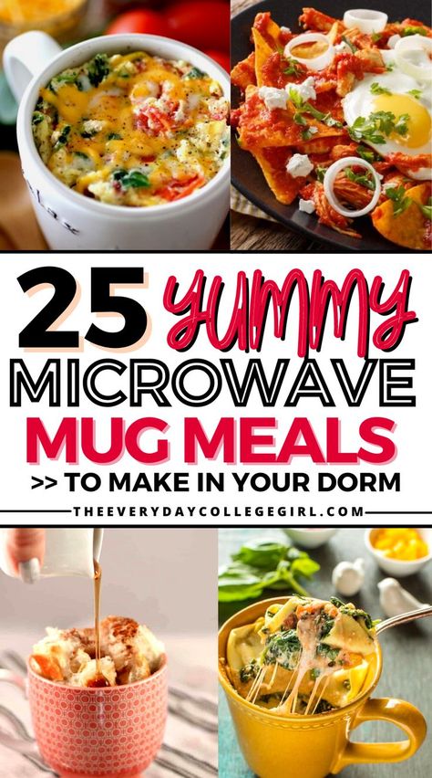 College meals to make in your dorm Dorm Recipes Microwave, Best Microwave Meals, Homemade Microwave Meals, Microwave Recipes Dinner, Meals For College Students, Mug Meals, Healthy Microwave Meals, Microwave Cooking Recipes, Microwave Mug Recipes