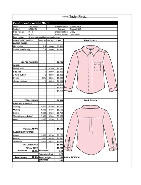 This is a woven shirt tech pack. The woven top is an H&M top from the Conscious Collection. Shirt Tech Pack, Basic Shirts Pattern, Cost Sheet, Fashion Sketches Men, Mens Shirt Pattern, Basic Dress Pattern, Sewing Measurements, Kemeja Lelaki, Garment Manufacturing