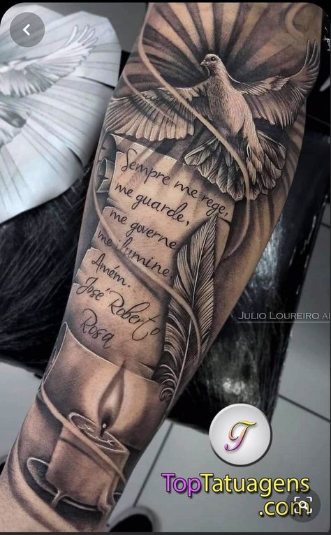 Religious Tattoo Sleeves, Tattoos Arm Mann, Scroll Tattoos, Forearm Tattoo Quotes, Heaven Tattoos, Rose Tattoos For Men, Men Tattoos Arm Sleeve, Mens Shoulder Tattoo, Cool Arm Tattoos