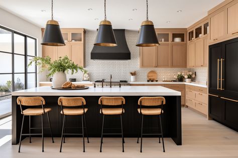 27 Elegant Black Island Kitchen Ideas for a Modern Touch Black Range Hood White Oak Cabinets, Kitchens With Black Islands, Black White And Oak Kitchen, Black Island Wood Cabinets, 2024 Kitchen Design, White Oak Kitchen Cabinets Modern, Iron Ore Kitchen Island, Oak Cabinet Kitchen Ideas, Modern Oak Kitchen Cabinets