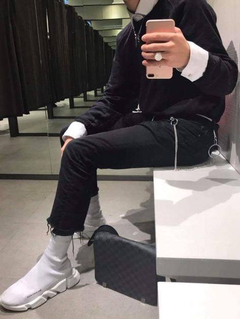 @josuereyesimagen for more inspiration. Balenciaga Speed Trainer Outfit, Speed Trainer Outfit, Balenciaga Shoes Mens, Japanese Newspaper, Chic Outfits Edgy, Balenciaga Speed Trainers, Trainers Outfit, Balenciaga Speed Trainer, Aesthetic Grunge Outfit