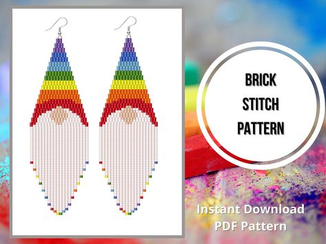 Rainbow Brick Stitch Earrings, Free Brick Stitch Fringe Earring Patterns, Fringe Earrings Pattern, Rainbow Gnome, Stitch Rainbow, Beaded Earrings Pattern, Seed Bead Patterns Free, Seed Bead Bracelets Tutorials, Seed Bead Bracelet Patterns