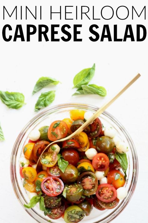 This quick and easy Mini Heirloom Caprese Salad is not only crazy adorable, it takes five minutes to throw everything together and is perfect for summer! thetoastedpinenut.com #thetoastedpinenut #caprese #salad #heirloom #tomato #mozzarella #summer #quick #easy #healthy #glutenfree Heirloom Tomatoes Recipes, Refreshing Summer Recipes, Caprese Salad Recipe, Shrimp Salad Recipes, Gluten Free Main Dishes, Seasonal Salad, Tomato Mozzarella, Pine Nut, Long Holiday