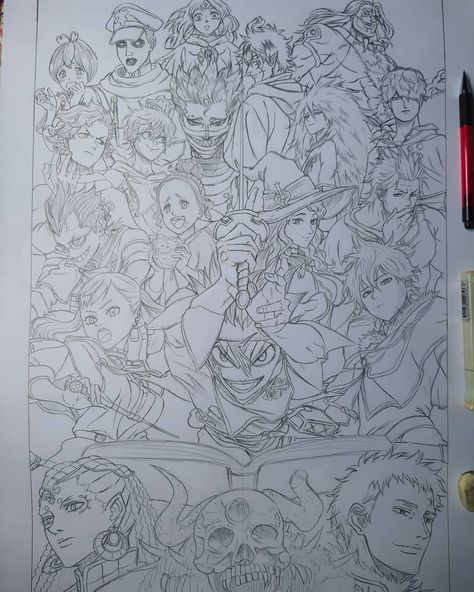 9,919 Likes, 140 Comments - Steff Pastrano (スティーブンキング) (@baby8stef) on Instagram: “WIP: Black Clover (Black Bulls X EotMS) - Commission Poster A2 16.5 x 23.5" 👉 Whew, it took me some…” Black Clover Art, Black Clover Black Bulls, Black Bulls, Banner Drawing, Anime Drawing Books, Black Bull, Black Clover Anime, Easy Drawings Sketches, Ghibli Art