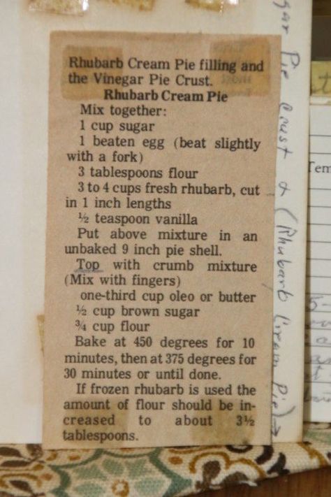 Rhubarb Cream Pie, Vinegar Pie, Rhubarb Recipes Pie, Grandma Recipes, Cream Pie Filling, Vintage Recipe Box, Grandma's Recipes, Creamy Recipes, Cream Pie Recipes