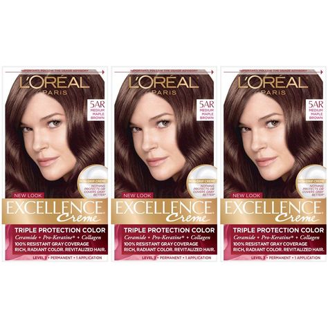 L'Oréal Paris Excellence Créme Permanent Hair Color, 5AR Medium Maple Brown >>> See this great product. (This is an affiliate link) #hennashairdye Grey Hair Coverage, Box Dye, Maple Brown, Covering Gray Hair, Henna Hair, Hair Chalk, Acetic Acid, Permanent Hair Color, L Oreal