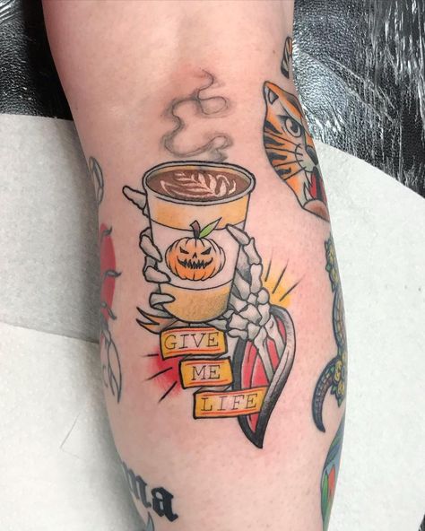 Halloween Tea Cup Tattoo, Ghost Teacup Tattoo, Halloween Coffee Tattoo, Pumpkin Spice Tattoo, Traditional Coffee Tattoo, Latte Tattoo, Cozy Tattoo, Coffee Tattoo Ideas, Baker Tattoo