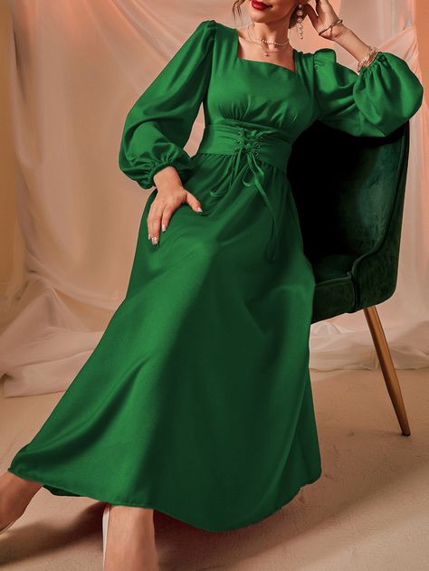 Dark Green Elegant  Long Sleeve Satin Plain A Line Embellished Non-Stretch Spring/Fall Women Dresses Simple Satin Dress Hijab, Modest Green Dress, Simple Green Dress, Long Sleeve Dress Outfit, Areca Nut, Pakistani Formal Dresses, Cute Dresses For Party, Dark Green Dress, Satin Wrap Dress