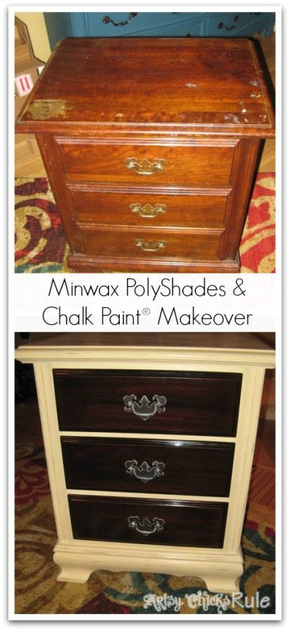 Dresser-before-and-after-Minwax-Polyshades-and-Annie-Sloan-Chalk-Paint- artsychicksrule.com Painting Wood Furniture Black, Light Wood Bed, Dresser Hardware, Painting Kitchen Cabinets White, Staining Furniture, Painting Wood Furniture, Black Dressers, Furniture Black, Crate Furniture