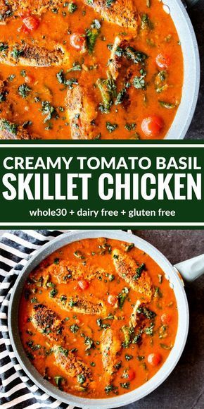 You're going to love this Creamy Tomato Basil Skillet Chicken! It's all about the sauce over perfectly sauteed chicken. Plus it's surprisingly dairy free, gluten free, and Whole30! Resep Pasta, Dairy Free Gluten Free, Resep Diet, Sauteed Chicken, Velvet Cupcakes, Recipe 30, Skillet Chicken, Tomato Basil, The Sauce