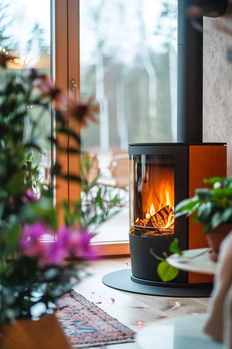 Warm Up Your Space: Pellet Stove Fireplace Ideas Modern Pellet Stove Ideas Living Rooms, Potbelly Stove Fireplace, Pellet Stoves Free Standing, Fireplace Stove Ideas, Pellet Stove Insert Fireplaces, Modern Pellet Stove, Stove Fireplace Ideas, Small Bathroom Rug Ideas, Pellet Stove Fireplace