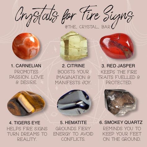 T H E C R Y S T A L B A R ☾© on Instagram: “🔥 ♈️ 🔥 ♌️ 🔥 ♐️ 🔥 Aries, Leo and Sagittarius all fall under the element fire. Those born under these signs are strong, creative and fun.…” Crystal Healing Chart, Element Fire, Aries Leo, Crystal Power, Crystal Guide, Crystals Healing Properties, Spiritual Crystals, Spirit Quartz, Fire Signs