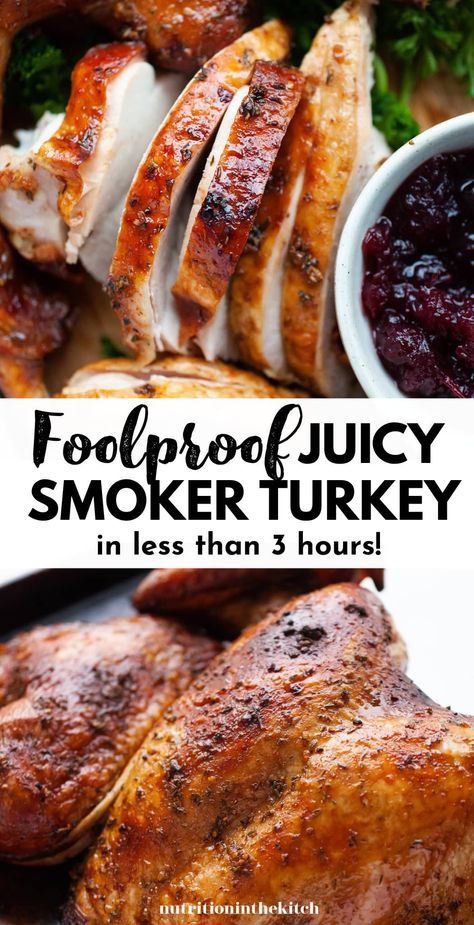 Looking for turkey recipes? This easy smoked turkey is great for Thanksgiving, Christmas, Easter, or any time of year (summer bbq season too!). It’s so juicy and tender with crispy, flavourful skin! The breast, wings, and every part of the whole turkey is incredible and the maple bbq rub adds so much flavour. It’s one of the best rub recipes you can use for any poultry! If you’ve never tried a whole turkey in a smoker, now’s the time!