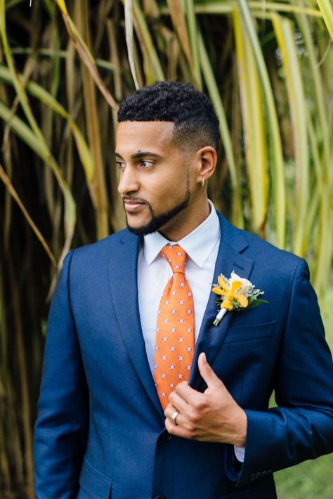 A bright citrus-colored modern Hawaiian elopement - Bridal Musings Navy Suit Orange Tie Wedding, Navy Suit Orange Tie, Suit With Orange Tie, Navy Groom Suit, Hawaiian Elopement, Yellow Boutonniere, Groom Suit Navy, Oahu Elopement, Navy Groom