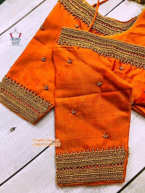 Orange Colour Aari Blouse Designs, Orange Blouse Maggam Work Designs, Orange Blouse Designs, Exclusive Blouse Designs, Black Blouse Designs, Magam Work, Aari Design, Latest Bridal Blouse Designs, Cotton Saree Blouse Designs