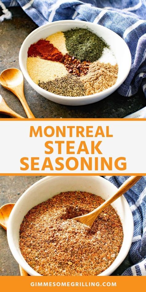 Copycat Montreal Steak Seasoning is made with pantry spices like paprika, pepper, salt, onion powder, garlic powder, coriander, dill and red pepper flakes. It's keeps in a sealed jar for months so it's perfect for your summertime steak grilling. The perfect rub for any grilled steak. It makes them so flavorful! #steakseasoning #recipe Montreal Steak Seasoning Recipe, Season Steak Recipes, Montreal Steak Seasoning, Steak Spice, Dry Rub Recipes, Homemade Spice Mix, Spice Mix Recipes, Easy Steak, Diy Spices