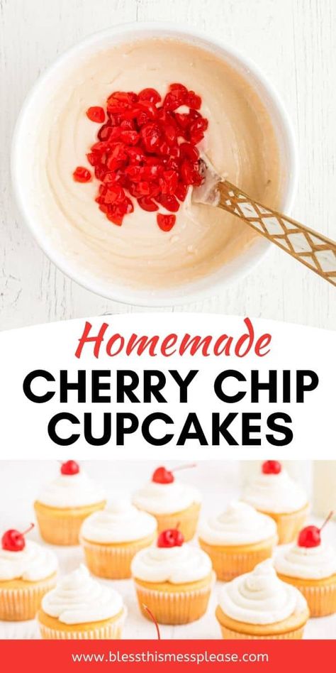 Homemade Cherry Chip Cupcakes, not only are they absolutely delicious but they are just gorgeous to look at too. If you liked the boxed mix of cherry chip cake mix you will just love this recipe because it takes all the flavors you love and turns them into homemade goodness. #cherrychip #cake #cupcakes #dessert Whipped Vanilla Icing, Cherry Chip Cupcakes, Cherry Chip Cake Mix, Fruity Cupcakes, Cherry Chip Cake, Cake Boss Recipes, Cupcake Recipes From Scratch, Cake Mix Cupcakes, Cherry Cupcakes