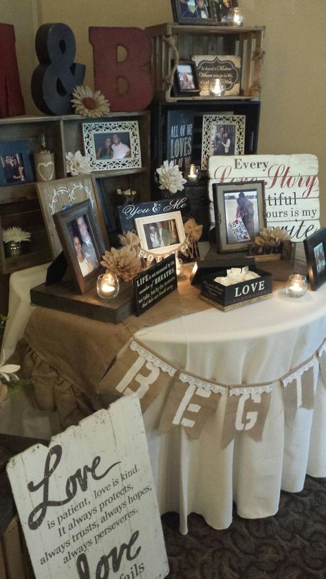 "Our Story" table Our Story Table, Our Love Story Table Wedding Ideas, Backyard Bbq Wedding, Vowel Renewal, Renewal Ceremony, 50th Wedding Anniversary Party, Vow Renewal Ceremony, Bbq Wedding, Wedding Anniversary Party