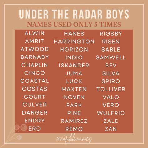 Bold, daring and ultra rare, these boy names were only used 5 times in 2023. For the USA data, these are the rarest names recorded as they won't publish names used less than 5 times for privacy. Perfect inspiration for the daring namer, these unique and almost one of a kind picks are so cool. Worried these might be TOO rare for you? Consider using a more unique name in the middle spot which makes for a fun and unexpected twist! #names #boynames #babynames #babynameinspo #babyboynames #baby... A Names Boys, Marcus Name, Name Ideas Boy, Character Name Ideas, Rare Beautiful Names, Rare Boy Names, Boy Name Ideas, Scene Writing Prompts, Western Baby Names