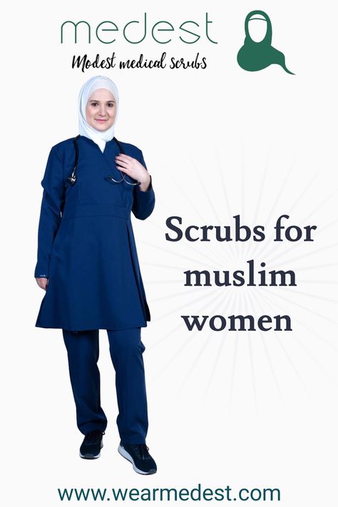 Navy blue modest scrub with extra long tunic top and hijab for women working in healthcare as nurses, doctors, phisicians. Hijab For Doctors, Modest Medical Scrubs, Medical Doctor Outfit Women, Doctor Outfit Women Work Wear, Muslim Doctor Woman, Blue Modest Outfit, Hijabi Doctor Outfit, Modest Scrubs, Nurses Uniform Modern