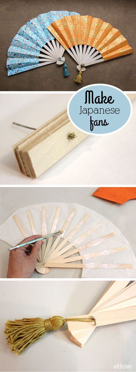 Japanese folding fans, also known as sensu, are as beautiful as they are functional. Fashioned out of decorative paper and wood, you can make your own in just a few simple steps. DIY instructions here:  http://www.ehow.com/how_4449525_make-japanese-fans.html?utm_source=pinterest.com&utm_medium=referral&utm_content=inline&utm_campaign=fanpage Japanese Fans, Vika Papper, Folding Fans, Japanese Fan, Diy Fan, Diy Papier, Diy Simple, Cosplay Diy, Paper Fans