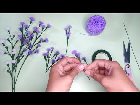 DIY | Tutorial making woolen flowers easy | Tutorial Mudah Membuat Bunga Dari Benang Wool - YouTube Crochet Lavender, Easy Yarn Crafts, Dog Sweater Crochet Pattern, Squares Crochet, Woolen Flower, Digital Paper Free, Flowers Easy, Yarn Flowers, Paper Flower Wall Decor