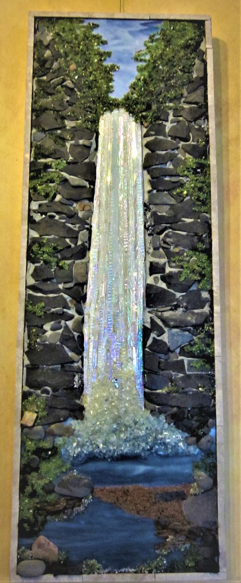 Fused Glass Waterfall, Stained Glass Waterfall, Mosaic Landscapes Ideas, Mosaic Waterfall, River Mosaic, Mosaic River, Waterfall Mosaic, Mosaic Landscapes, Mosaic Water