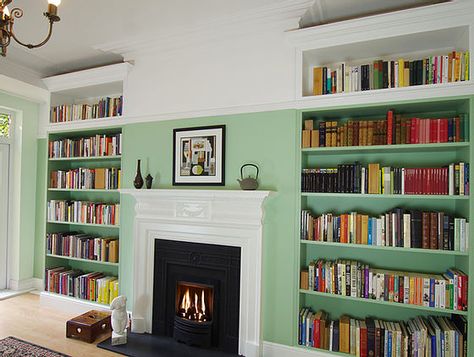 ALCOVES | NOOKdesign Green And Pink Office, Shelving Fireplace, Alcove Storage Living Room, Alcove Bookshelves, Alcove Ideas Living Room, Alcove Shelves, Alcove Storage, Alcove Ideas, Alcove Shelving