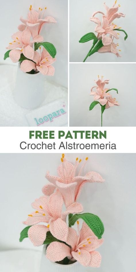 Elevate your crochet skills by learning to make intricate Alstroemeria flowers with this free pattern. Crochet Bouquet Free Pattern, Crochet Lilly Pattern, Crochet Lily Pattern Free, Crochet Lily Pattern, Crochet Plants Free Pattern, Free Crochet Pattern Flower, Alstroemeria Flower, Crochet Lily, Bouquet Crochet