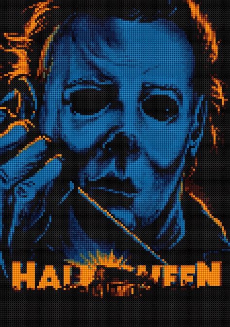 Michael Myers In Blue Shading Cross Stitch & Plastic Canvas Pattern Michael Myers Pixel Art Grid, Stitch Plastic Canvas Pattern, Graphgan Patterns, Cross Stitch Plastic Canvas, Plastic Canvas Pattern, Halloween Cross Stitch Patterns, Pixel Art Templates, Perler Bead Templates, The Boogeyman