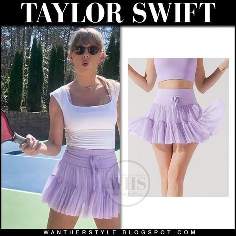 Taylor Swift in lavender pleated Popflex Pirouette mini skirt and white top April 19 Taylor Swift Workout Outfit, Popflex Skirt, Taylor Swift In Purple, Pirouette Skirt, Pirouette Skort, Taylor Swift Workout, Skirt And White Top, Alice Core, Lavender Outfit