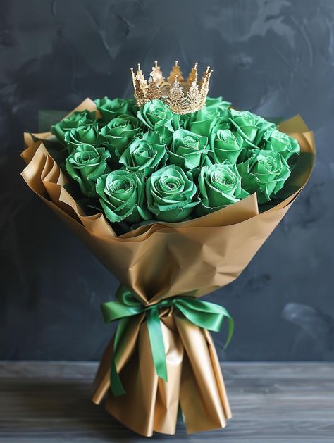 Immerse yourself in the elegance of emerald green roses, delicately wrapped in golden brown paper and secured with a lush green satin bow. A golden crown adorns the top, adding a touch of royalty. Save this vision of regality and follow for more mesmerizing blooms! #FloralArt #EmeraldRoses #LuxuryBouquets #CrownDecor #FollowForMore #AiImage Green Roses Bouquet, Royal Bouquet, Satin Bouquet, Crown Decor, Blue Flower Wallpaper, Green Roses, Bouquet Inspiration, Money Motivation, Flower Gift Ideas