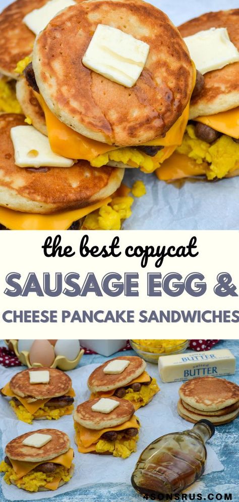 Sausage, egg and cheese pancake sandwiches are a quick and hearty breakfast sandwich. This easy meal features all the classic morning flavors in one portable package. #sandwich #breakfast #recipe Sandwich Breakfast, Breakfast Sandwich Recipes, Egg Cheese, Egg And Cheese, Sausage And Egg, Breakfast Pancakes, Breakfast Meal Prep, Breakfast Recipes Casserole, Hearty Breakfast