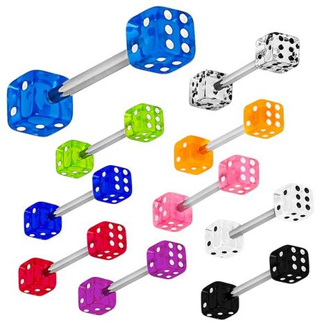 BARBELL BODY JEWELRY. Let the good times roll with this fun casino dice barbells. The dice tongue ring is UV so it glows under the black light making it the perfect accessory for the clubs! This barbell is suitable for tongue, nipple and industrial piercings or wherever you can fit a 14G 5/8â barbell. Barbell Size: 14G (1.6mm) Barbell Length: 5/8â (16mm) Lip Piercing Ring, Tongue Piercing Jewelry, Tongue Piercings, Tongue Ring, Piercing Kit, Cute Piercings, Tongue Piercing, Tongue Rings, Lip Ring