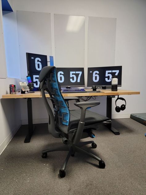 Creative Office Setup. Three monitors. Herman Miller Embody Logitech Chair. Custom Butcher Block, Creative Office, Adjustable Height Desk, Office Setup, Herman Miller, Desk Setup, Logitech, Corner Desk, Office Desk