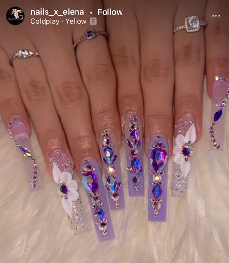 Nails Inspo Purple, Nails Quinceanera, Sweet 16 Nails, Quince Nails, Nails Unique, Quinceanera Nails, Aqua Nails, Purple Acrylic Nails, Purple Acrylic