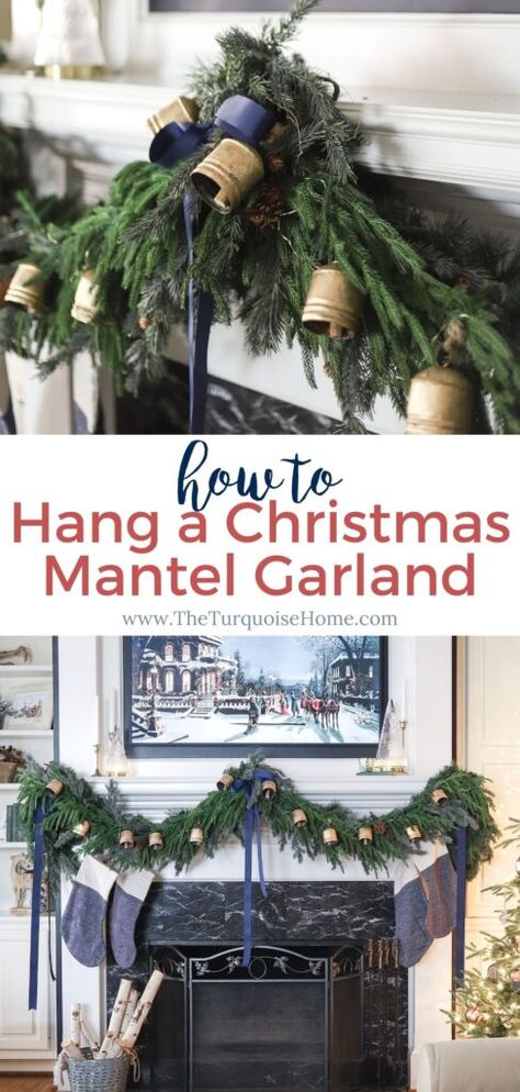 Learn how to easily create a lush, full Christmas garland on your fireplace mantel for a beautiful holiday look! Using command hooks and a variety of garlands, you'll have a beautiful layered look in no time! Outdoor Garland Christmas Railing, Garland On Mantle, How To Hang Garland On Mantel, Christmas Mantel Garland, Mantle Decorating, Christmas Garland Mantle, Mantel Garland, Fireplace Garland, Diy Mommy