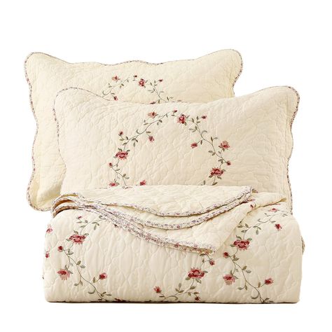 PRICES MAY VARY. Material:Cotton Fabrics, Stuffed With High Quality Cotton. Includes: 1xQulit 68"x86"(173x218cm); 2xPillow shams 20"x28"(51x71cm). Design: A sweet charming classic quilt that never goes out of style. Embroidered with wreaths of soft pink rose buds and sweet green leaves for a delicate design. The binding is made of a pink floral fabric that adds a touch of pattern. The scalloped edges give this quilt a feminine touch. All Season: Quilt set for spring and summer, bedspread and fla Pink Floral Fabric, Classic Quilts, Embroidered Quilts, Quilted Bedspreads, Coverlet Set, Sofa Couch Bed, Reversible Quilt, Elegant Floral, Cotton Bedding