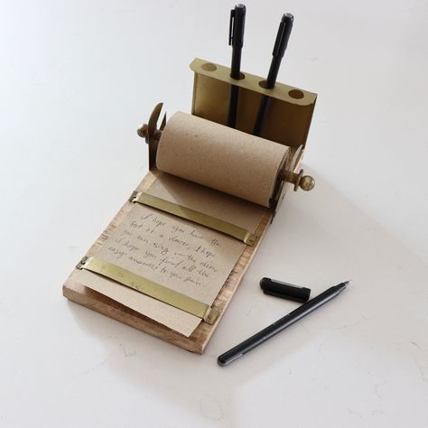 This mod-rustic Table Top Note Roll with Wood Base and Pencil Holder is an elegant way to jot down all your ideas, notes, and poems. A perfectly sophisticated and useful accessory for your desk! Table top note roll with wood base and pencil hol... Art Products To Sell, Wood Stationary, Desk Table Top, Ideas Notes, Vases Pottery, Pencil Holders, Writing Accessories, Kendo, Desk Table