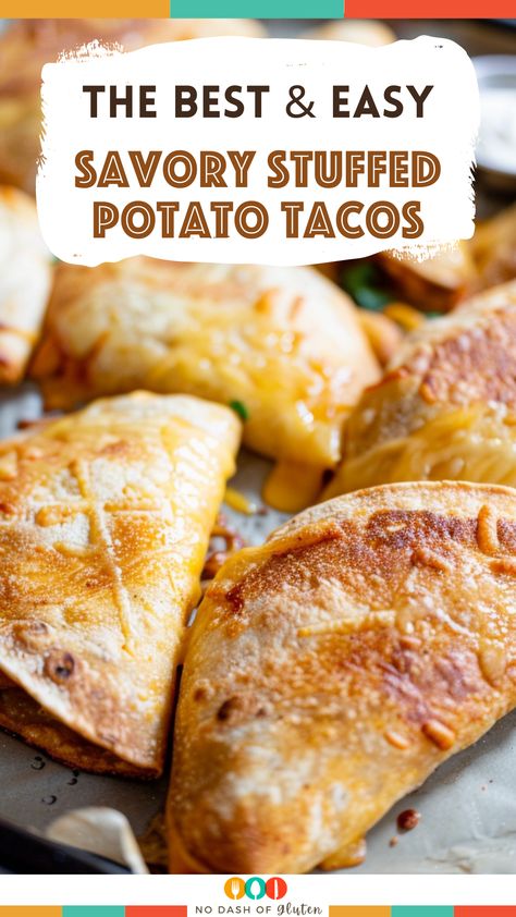 Savory Stuffed Potato Tacos Thanksgiving Tacos, Potato Tacos Mexican, Mashed Potato Tacos, Crispy Corn Tortillas, Corn Tortillas Tacos, Fried Corn Tortillas, Baked Mashed Potatoes, Corn Taco, Stuffed Potato