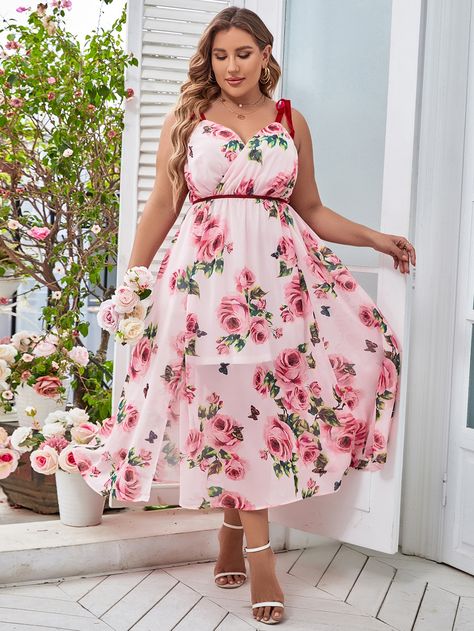 Pink Boho Collar Sleeveless Chiffon Floral Cami Embellished Non-Stretch  Plus Size Dresses Maxi Dress Elegant, Dress Elegant Long, Rose Print Dress, Floral Cami, Floral Dresses Long, Women Rising, Floral Print Maxi Dress, Elegant Dresses Long, Dress Elegant