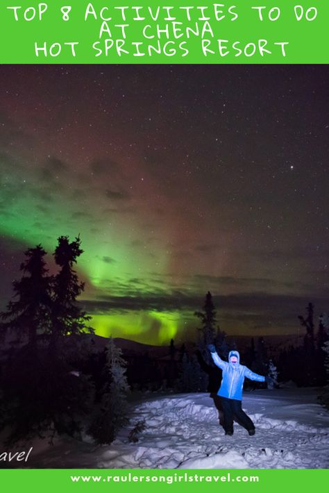 Do you want to see the northern lights and soak in natural outdoor hot springs? Here are the top eight activities to do at Chena Hot Springs Resort | Fairbanks | Alaska | northern lights | dog sledding | Aurora Ice Museum | geothermal power Chena Hot Springs Alaska, Alaskan Honeymoon, Chena Hot Springs, Hot Springs Resort, Alaska Northern Lights, Travel Alaska, Alaska Photos, Aurora Australis, Fairbanks Alaska