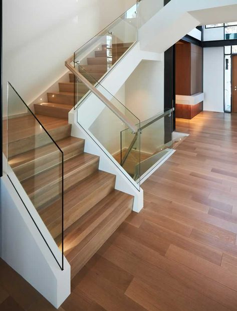 The Truth About Glass Railings - Handyman tips Glass Staircase Railing, Glass Railing Stairs, Stair Banister, Staircase Railing Design, Glass Stairs, Stair Railing Design, Glass Staircase, Stairway Design, Stairs Design Modern