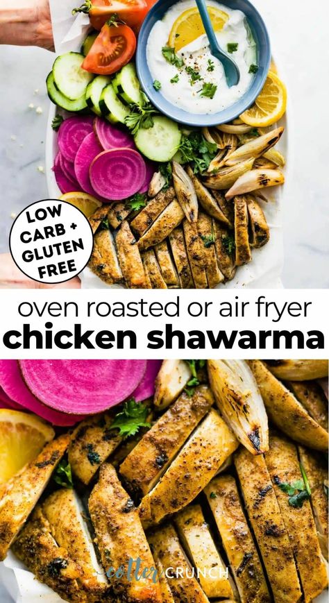 This easy Oven Roasted Chicken Shawarma recipe is made with nutritious ingredients and bold flavors that will knock your socks off! Marinated for hours, it turns out tender and juicy every time. Vertical Rotisserie, Shawarma Sauce, Cotter Crunch, Gluten Free Entrees, Chicken Shawarma Recipe, Gluten Free Meal Plan, Shawarma Recipe, Ambitious Kitchen, Oven Roasted Chicken