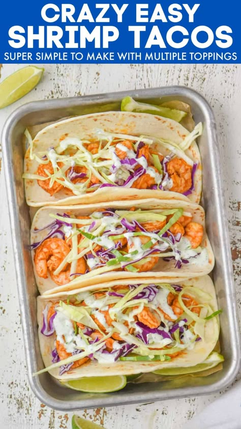 These Easy Shrimp Tacos are light, fresh, and so full of flavor! Simple and easy to make, they're ideal for a busy weeknight meal. Shrimp Recipes Tacos, Easy Shrimp Tacos, Recipes Tacos, Shrimp Tacos Recipe, Shrimp Tacos Easy, Street Taco Recipe, Tacos Easy, Spicy Shrimp Tacos, Shrimp Taco Recipes