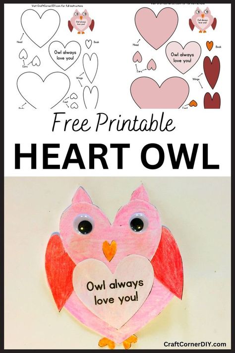 Picture of heart owl free printable. Owl Craft, Storytime Crafts, Free Printable Crafts, Animal Craft, Cut And Glue, Craft For Kids Easy, Free Coloring Pictures, Bee Template, Owl Templates