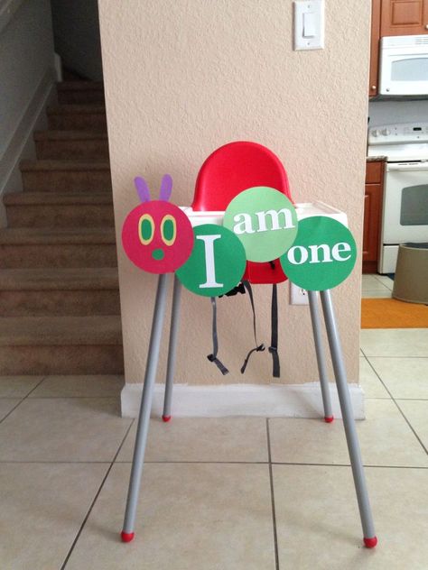 Hungry Catapillar 1st Birthday, One Very Hungry Caterpillar Birthday, Hungry Caterpillar Birthday Decorations, Hungry Caterpillar Birthday 1st, Diy Very Hungry Caterpillar, High Chair Banner Diy, Very Hungry Caterpillar Birthday Party, Caterpillar Birthday, Caterpillar Party