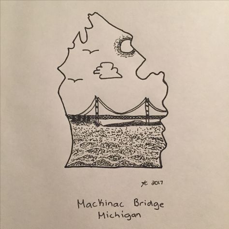 Mackinac Bridge. Michigan. Mackinac Bridge Drawing, Mackinaw Bridge Tattoo, Michigan Tattoo, Michigan Tattoos, Pastel Tattoo, Bridge Tattoo, Mackinaw Bridge, Bridge Drawing, Circular Tattoo